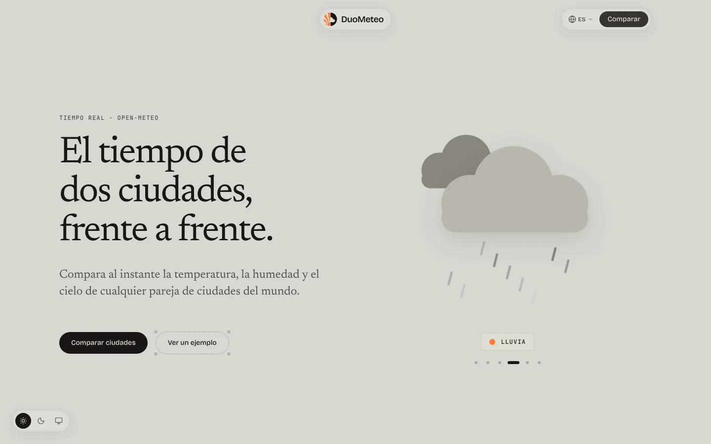 DuoMeteo: portada con un icono animado de lluvia; hay uno para cada condición del cielo