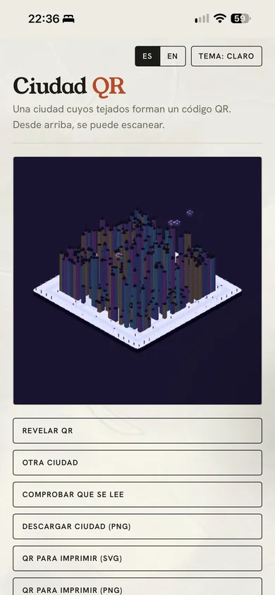 QR City: ciudad cyberpunk con rascacielos violetas cuyos tejados forman el código QR